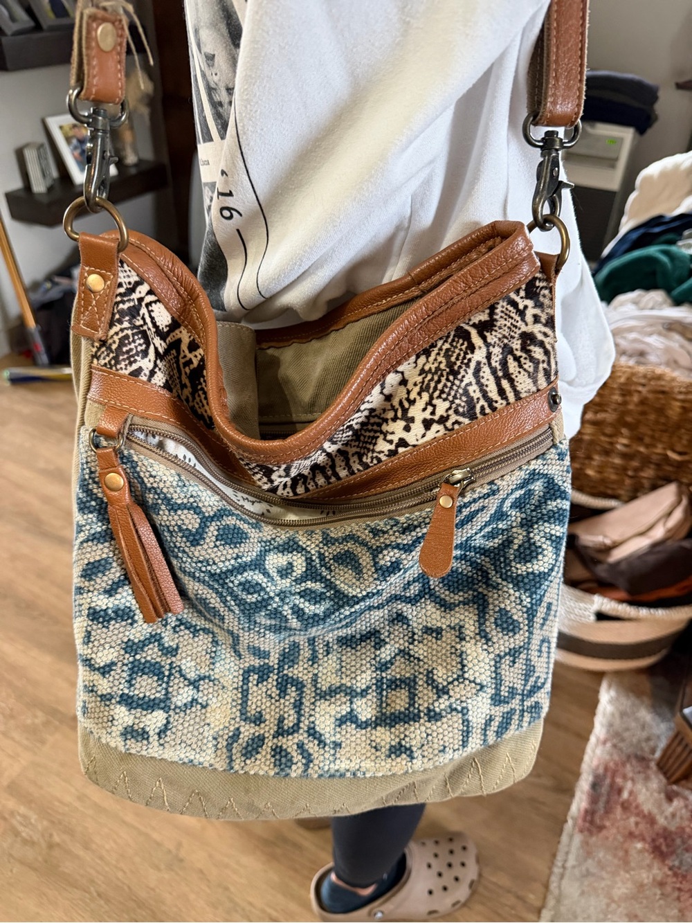 Casual Boho Blue Patterned Crossbody Bag with Brown Trim Myra Bag